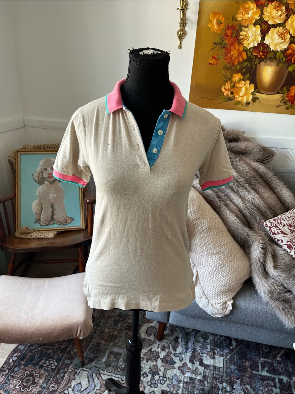 Women's Vintage Beige Polo Top with Pink & Blue Trim Size Small